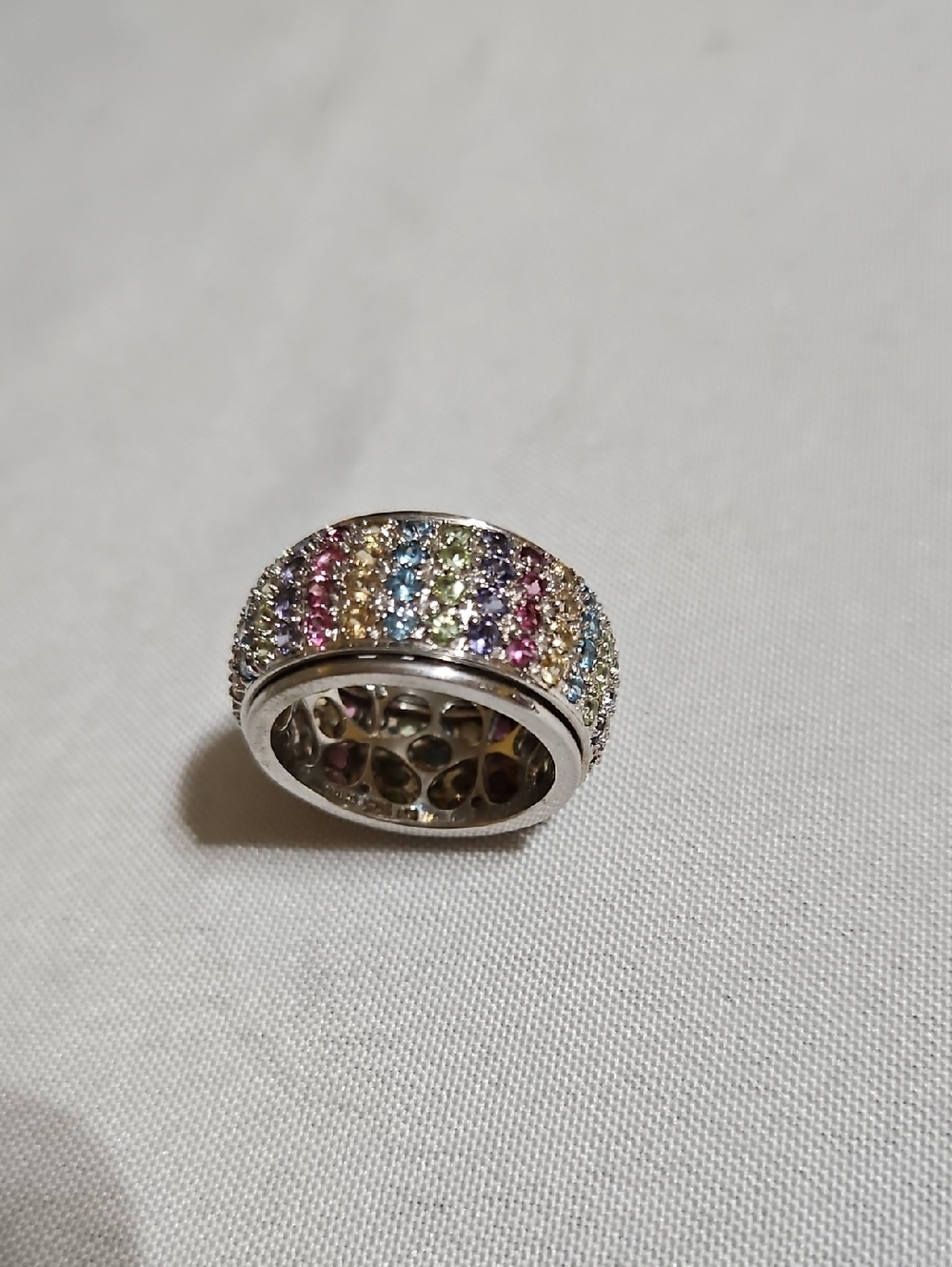 925 Sterling Silver Multicolor Pave Spinner Ring - Size 8